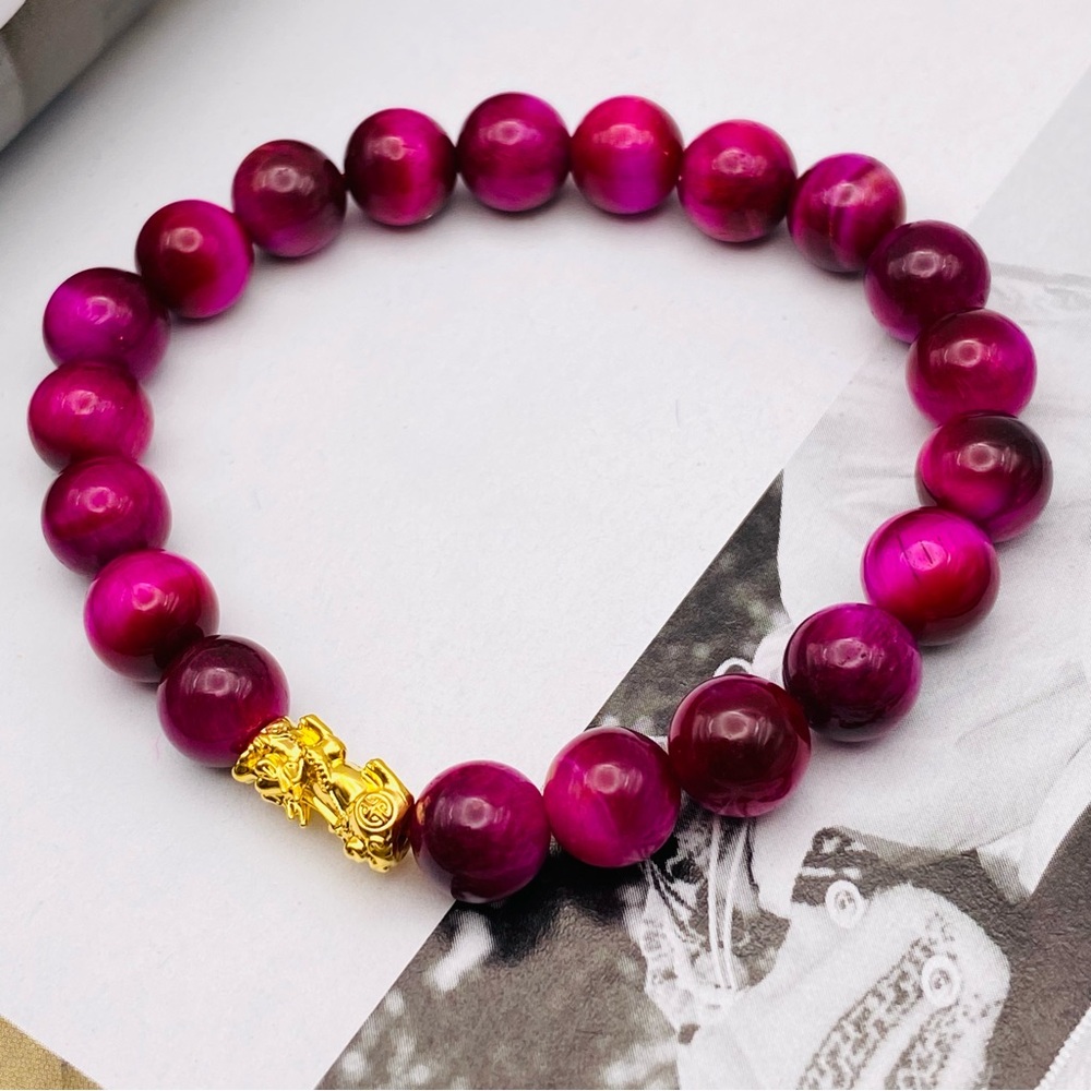 18k Piyao/ PiXui Magenta / pink rose Tiger Eye Elastic bracelet